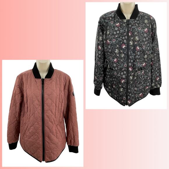 Bernardo Pink Quilted Reversible Floral Lined Zip Front Casual Bomber Jacket L - Picture 2 of 13